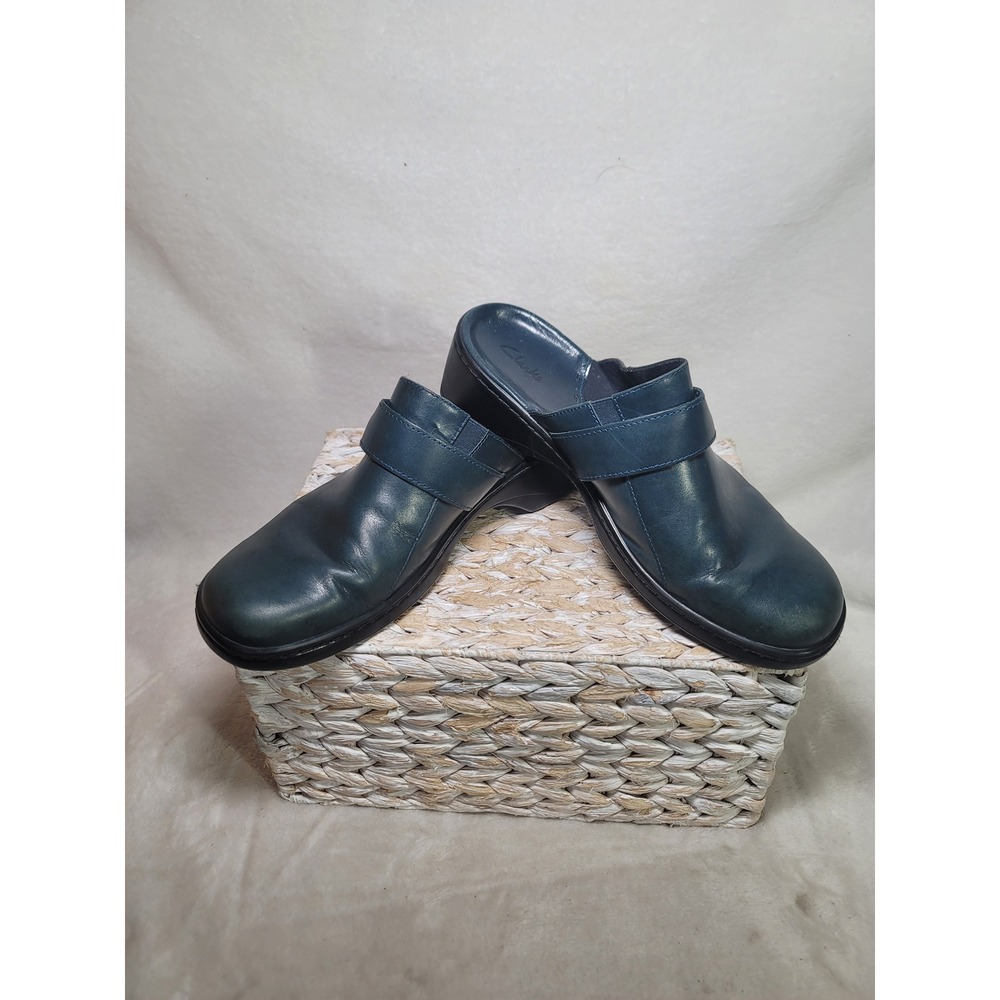 Clarks Y2K Granola Teal Blue Leather Mules Clogs Slip On Wedge Shoes Normcore 10